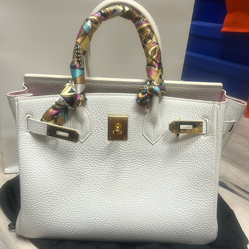 Pink and White Satchel with Silk Scarf Handles